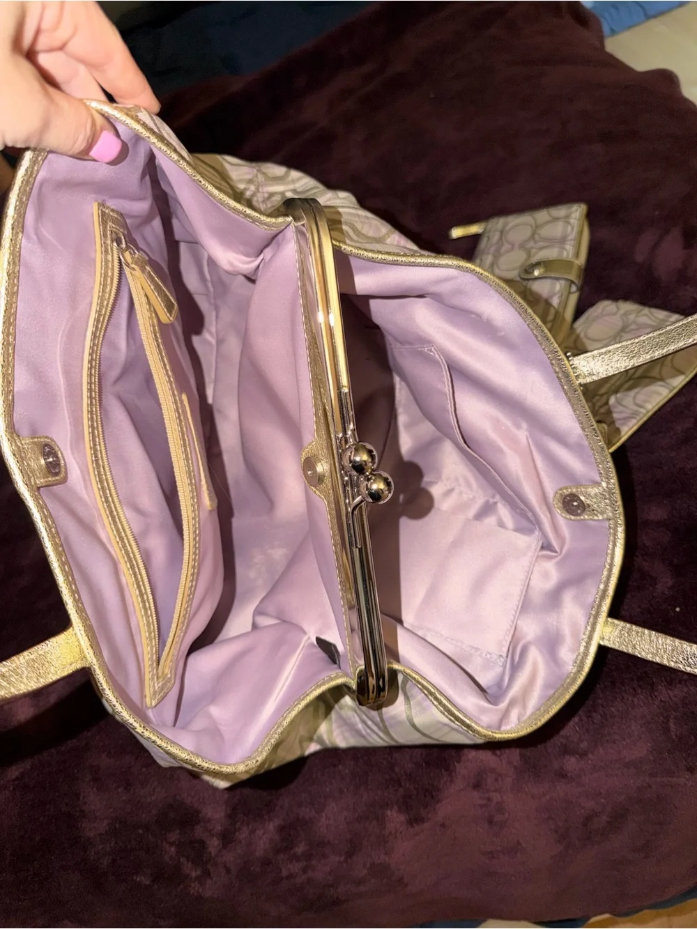 Coach F17213 Signature Plaid Tote Wallet Wristlet 3-Piece Set Beige Lavender - Picture 6 of 12
